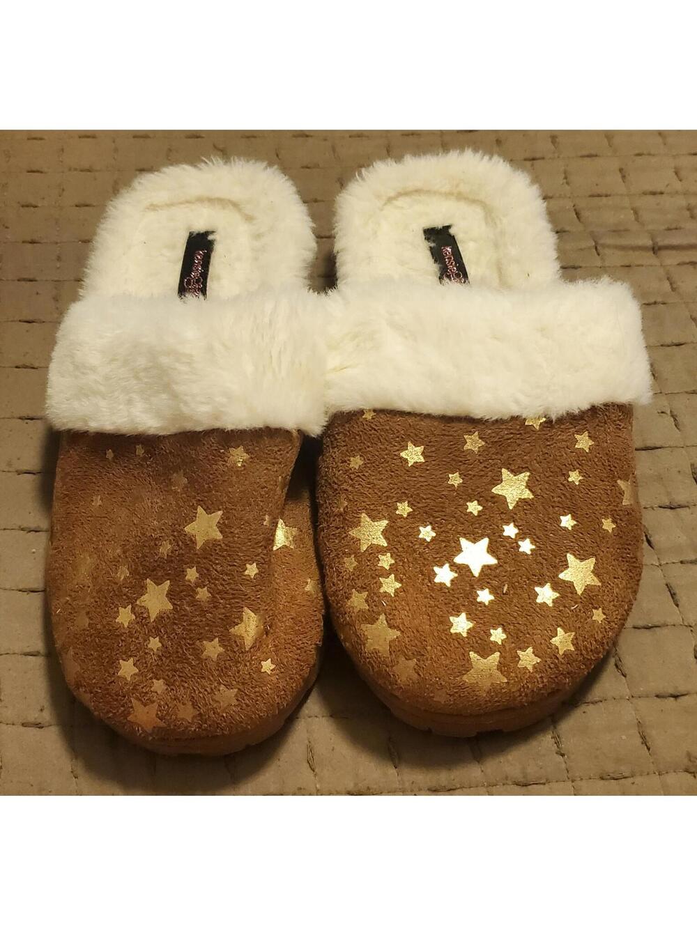 girls microsuede brown slipper with gold foil star print L 2/3 shoes